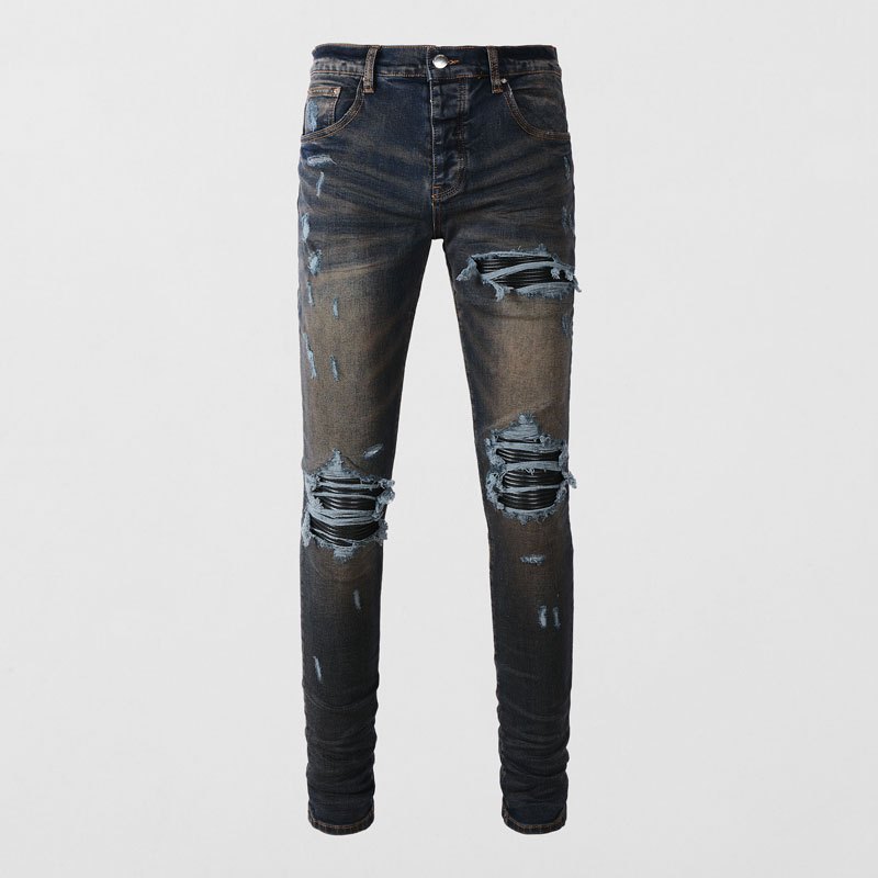 Amiri Designer High Street Fashion New Deep Blue Mens Jeans Washed Nostalgic Stretch Slimming Hip Ho