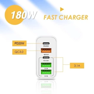 อะแดปเตอร์ชาร์จเร็ว 180W USB QC 3.0 PD USB Type C หัวชาร์จเร็ว 5 พอร์ต หัวชาร์จ Adapter สําหรับ Laptop/Type-C/phone