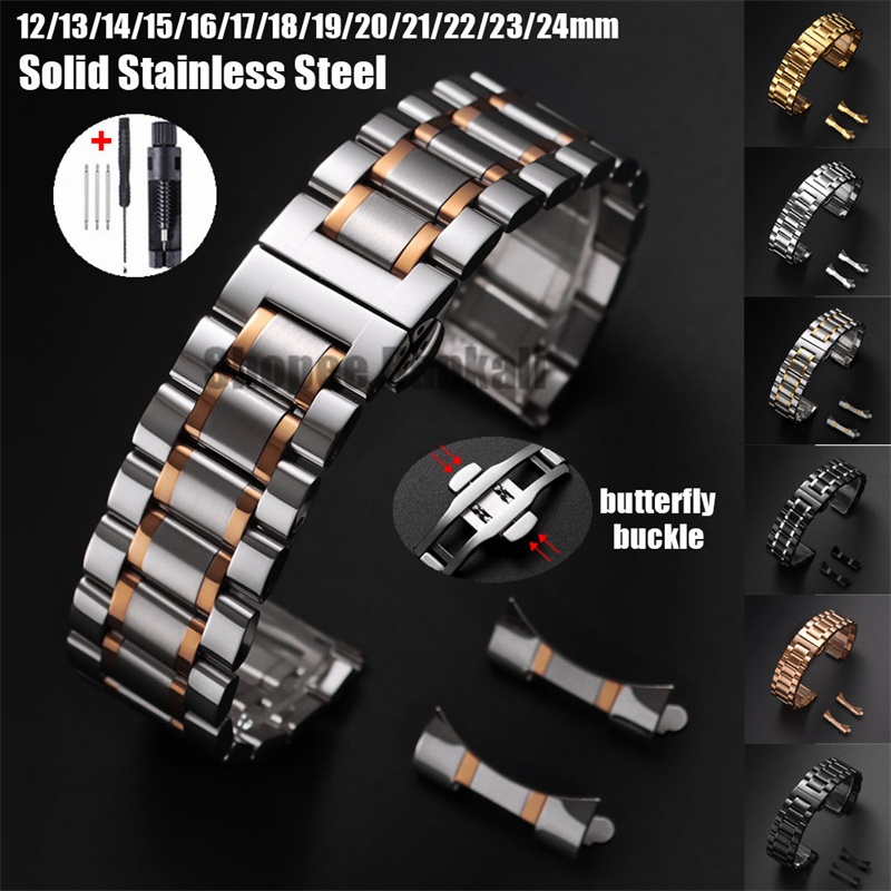 ของแข็งสแตนเลสนาฬิกาวงโค้ง จบ สร้อยข้อมือสากล12/13/14/15/16/17/18/19/20/21/22/24มิลลิเมตรโลหะพับผีเสื้อหัวเข็มขัดสายนาฬิกาผู้หญิงผู้ชายข้อ