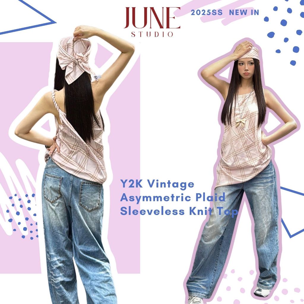 [June Studio] American Retro Diagonal Shoulder Checked Vest สบายและระบายอากาศดี