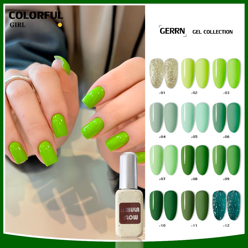 【พร้อมส่ง】NF-010|12สี แบบแยกขวด สีเจลสีเขียว NebulNFlow ｜สีเจลสีพื้น/สีเจลกลิซเตอร์/ ส่งไว ต้องอบ สีแน่น วิบวับ สวยมาก – โปรปัง