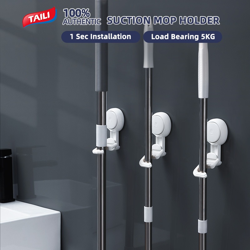 TAILI 2 ชิ้น No Drill Mop Holder ห้องน้ำกันน้ำติดผนังไม้กวาดไม้แขวนเสื้อ Rack Heavy Duty Mop คลิป