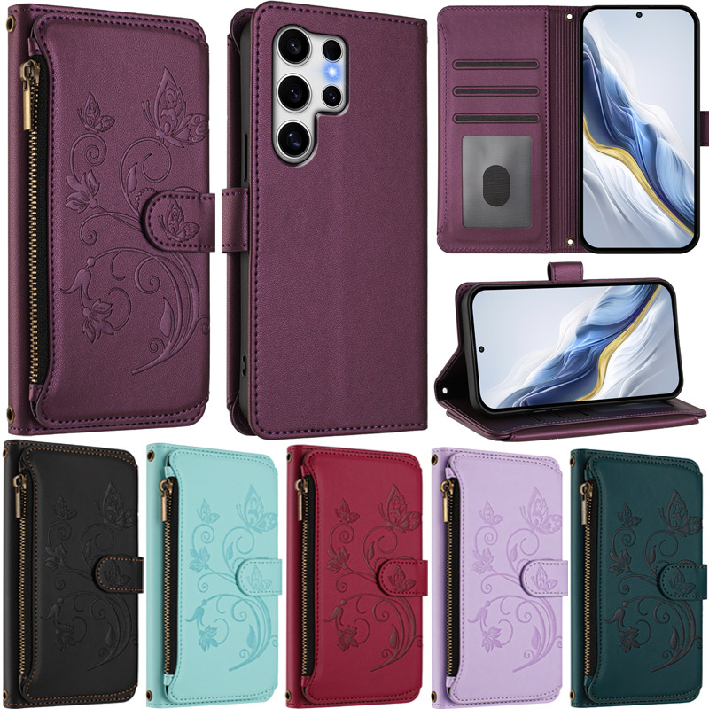 เคสหนัง PU ลายดอกไม้ แบบกระเป๋าสตางค์ มีซิป สําหรับ Samsung Galaxy S25/S24/S23/S22 Series พร้อมช่องใส่บัตร