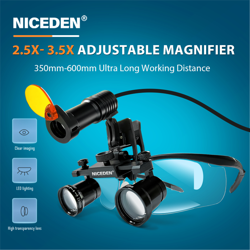 Niceden Dental Loupes 2.5X-3.5X แว่นขยายพร้อมไฟหน้า 5W 350-600 มม.
