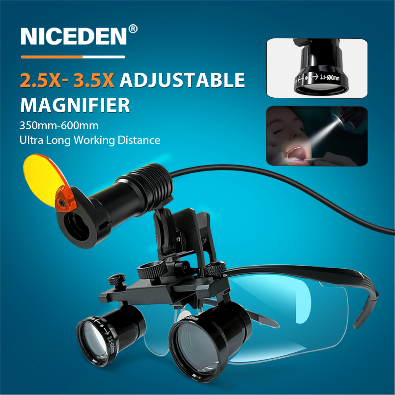 NICEDEN 2.5X 3.5X 2in1 ทันตกรรมผ่าตัดแว่นขยายแว่นตา 5W ไฟหน้า SOperation Medical Loupes