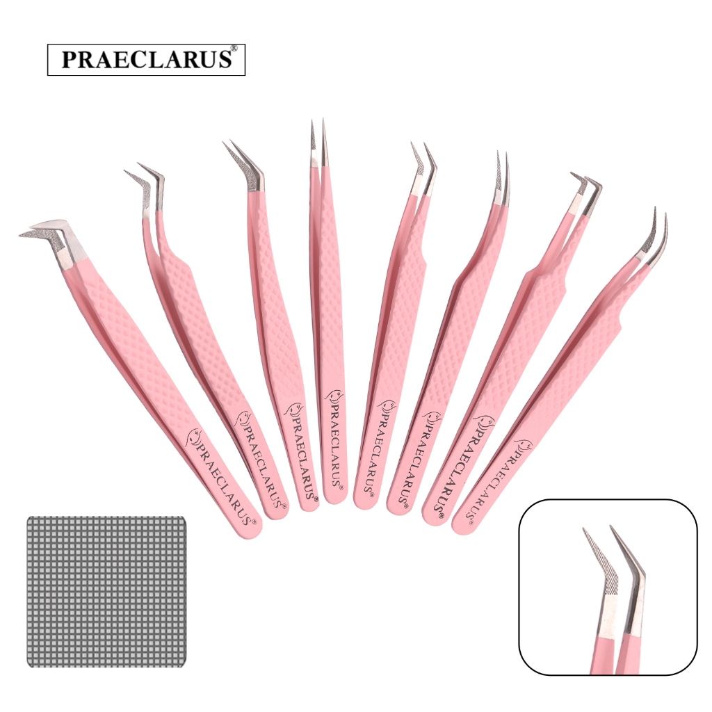 PRAECLARUS แหนบสแตนเลส Fibrous Design & Diamond Grip รูปแบบบน Tip Precision ป้องกันการกัดกร่อนป้องกันกรด Professional สําหรับ Eyelash Extension Tweezer Applicator เครื่องมือ