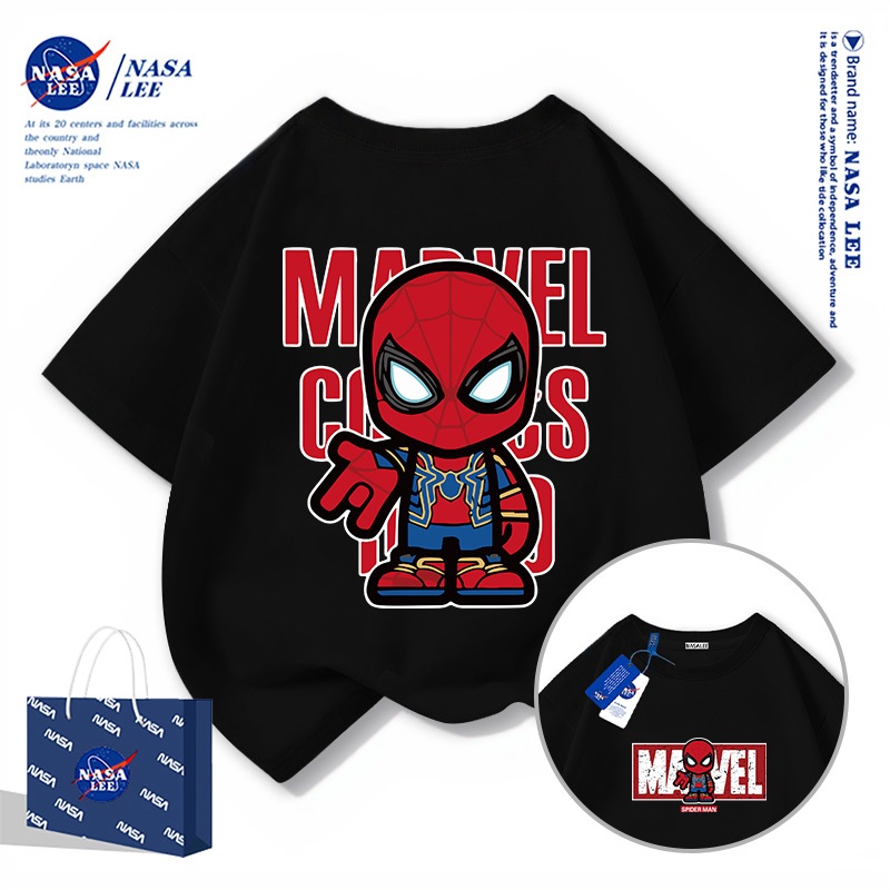 【สินค้าพร้อมส่ง×จัดส่งถึงมือใน 3 วัน】เสื้อยืดเด็ก NASA ผ้าฝ้ายสีดำ ลายสไปเดอร์แมน แขนสั้นสไตล์สตรีทวีท