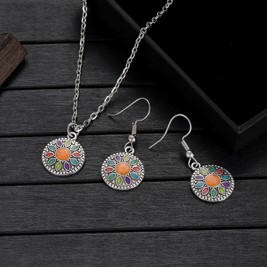 ต่างหูทรงดอกไม้และสร้อยคอนามธรรมสีฟ้าสีชมพูเคลือบ งานฝีมือ สไตล์วินเทจสำหรับผู้หญิง