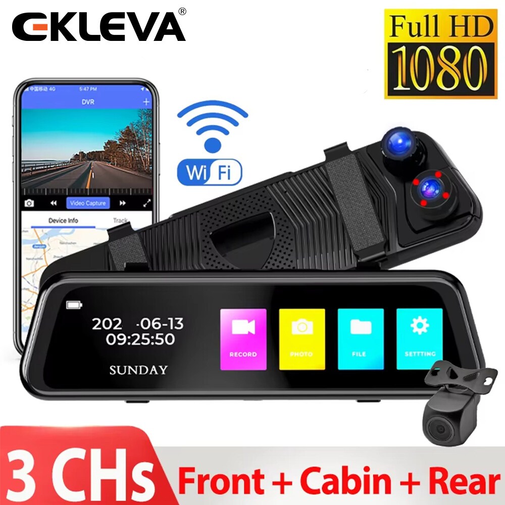 EKLEVA 9.6" IPS Triple-Channel Car DVR พร้อม WiFi 1080P ด้านหน้า + Dual 720P กล้องด้านหลัง Night Vis