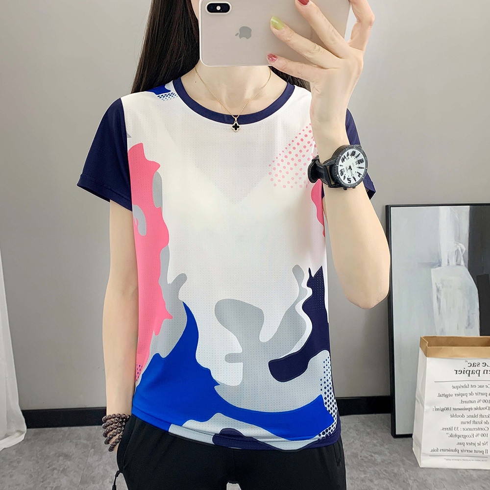 [M-4XL] เสื้อยืดแห้งเร็วผู้หญิงรุ่นผ้าไหมน้ําแข็ง Cool T แขนสั้นฤดูร้อนระเบิดแขนสั้น Go ราคาต่ําเสื้อคอกลม Tee
