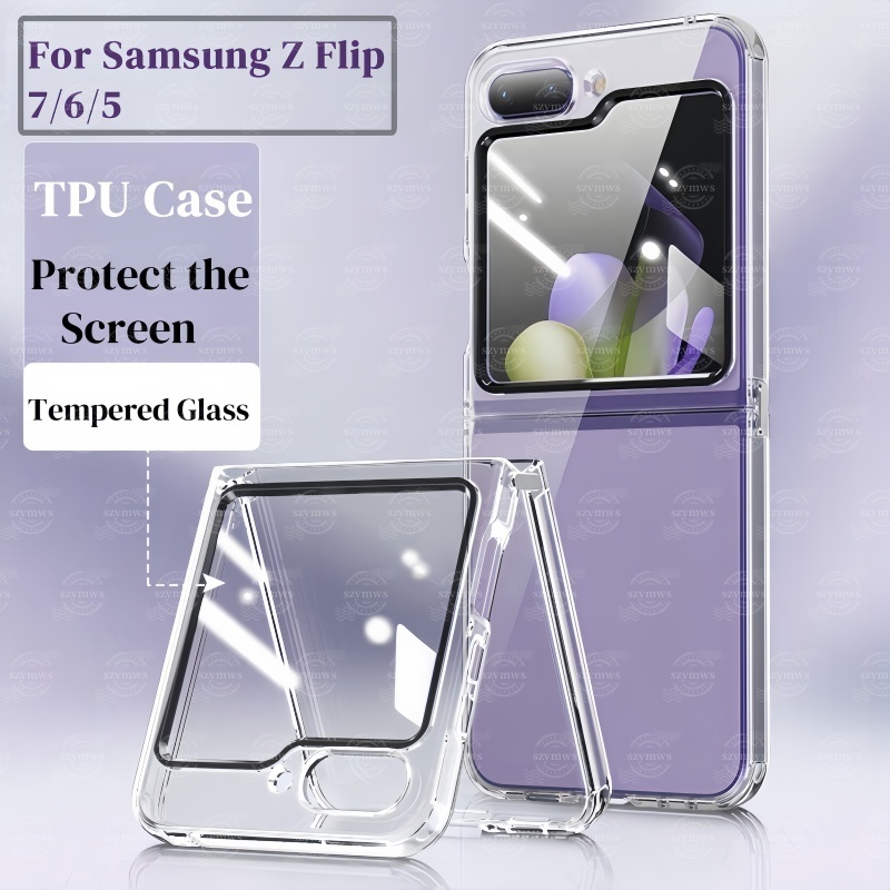 เคส Samsung Galaxy Z Flip 7 6 5 เคสนิ่มใสแบบรวมพร้อมกระจกนิรภัย Flim