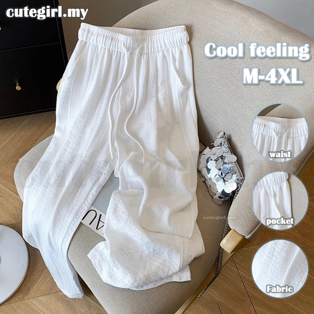 กางเกงสีขาวผู้หญิง Retro กางเกงผ้าลินินสีขาว Seluar Putih Perempuan กางเกงผู้หญิง Seluar Slack Plus 