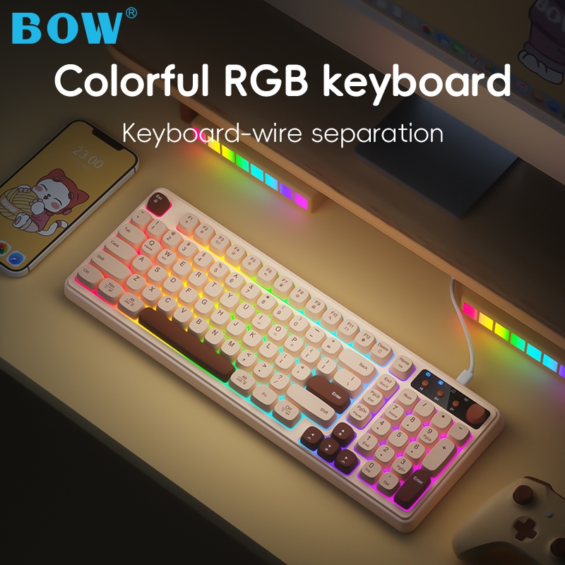 BOW K520BU คีย์บอร์ดแบบมีสาย RGB Backlight คีย์บอร์ดสําหรับเล่นเกมสีสันสดใสสําหรับแล็ปท็อปเดสก์ท็อป