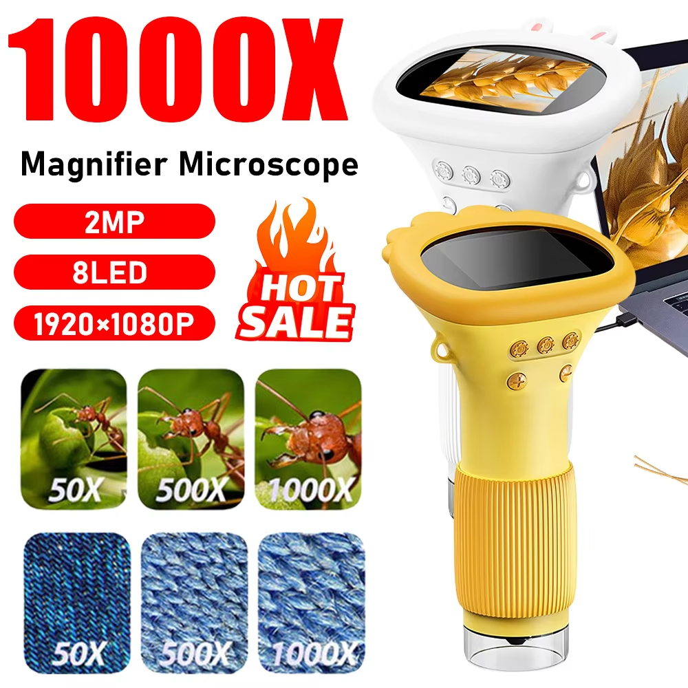 กล้องจุลทรรศน์เด็ก 1000x แว่นขยายกล้องจุลทรรศน์ 200 ล้านพิกเซลพร้อม LED ภาพถ่ายฟังก์ชั่นวิดีโอของเล่นเพื่อการศึกษาวิทยาศาสตร์สําหรับเด็ก
