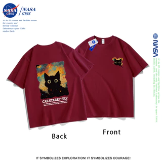 NASA เสื้อยืดชายหญิงแขนสั้น สตรีทฮิปฮอป summer แมวใต้ดวงดาว พิมพ์ลาย คอตตอน คอกลม หลวมและระบายอากาศ