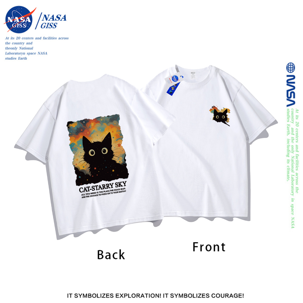 NASA เสื้อยืดชายหญิงแขนสั้น สตรีทฮิปฮอป summer แมวใต้ดวงดาว พิมพ์ลาย คอตตอน คอกลม หลวมและระบายอากาศ