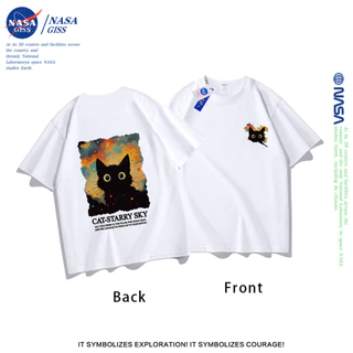 NASA เสื้อยืดชายหญิงแขนสั้น สตรีทฮิปฮอป summer แมวใต้ดวงดาว พิมพ์ลาย คอตตอน คอกลม หลวมและระบายอากาศ