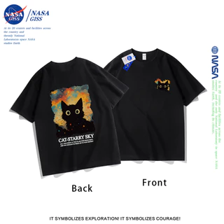 NASA เสื้อยืดชายหญิงแขนสั้น สตรีทฮิปฮอป summer แมวใต้ดวงดาว พิมพ์ลาย คอตตอน คอกลม หลวมและระบายอากาศ
