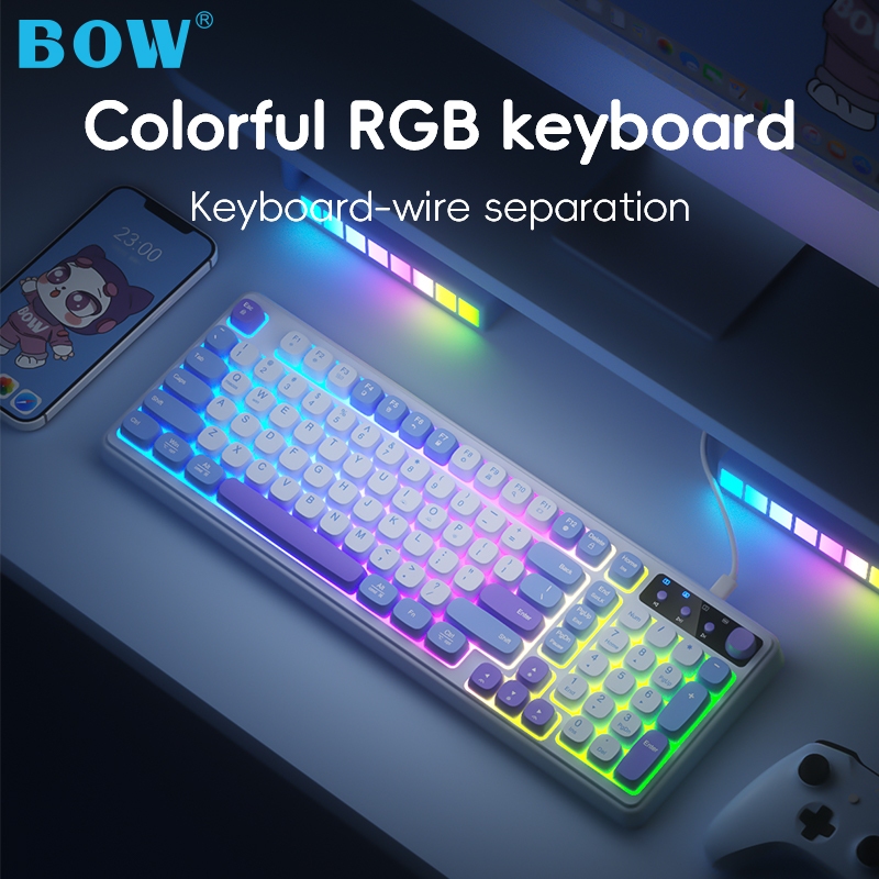 BOW K520U RGB Gaming Keyboard 98-Key ABS Keycaps คีย์บอร์ดแบบมีสายสีสันสดใสสําหรับแล็ปท็อปเดสก์ท็อป