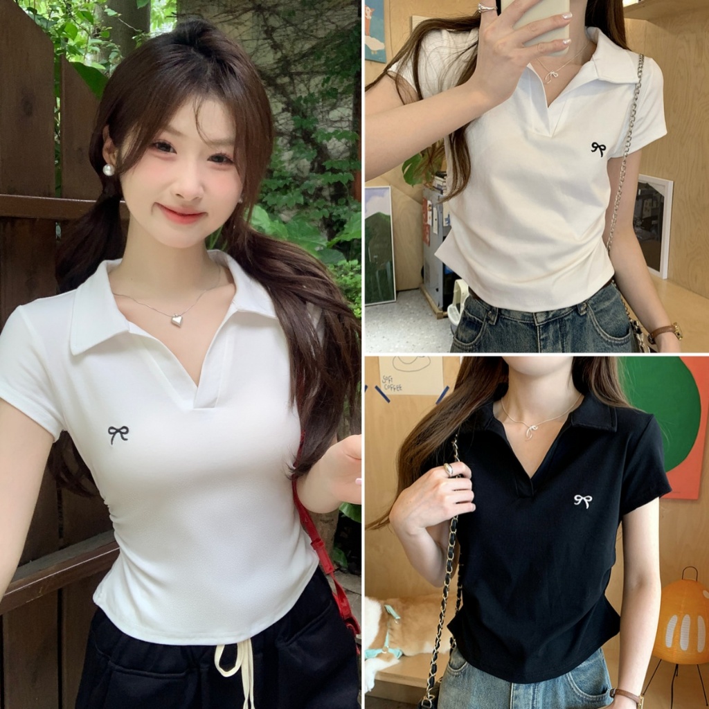 Hotgirl พร้อมส่ง✨เสื้อยืดแฟชั่นหญิง เสื้อยืดคอโปโล แขนสั้น ดีไซน์จีบ พิมพ์โบว์ สไตล์เกาหลีหวานๆ สไตล์สลิมสั้น