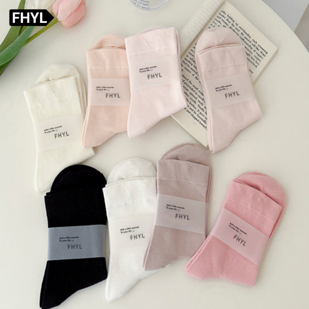 FHYL ใหม่เกาหลีสีทึบสบายๆคอกว้างกลางหลอดถุงเท้าระบายอากาศนุ่มอ่อนโยนสีชมพู สี่ ทาง ถุงเท้ายืดสําหรับผู้หญิง