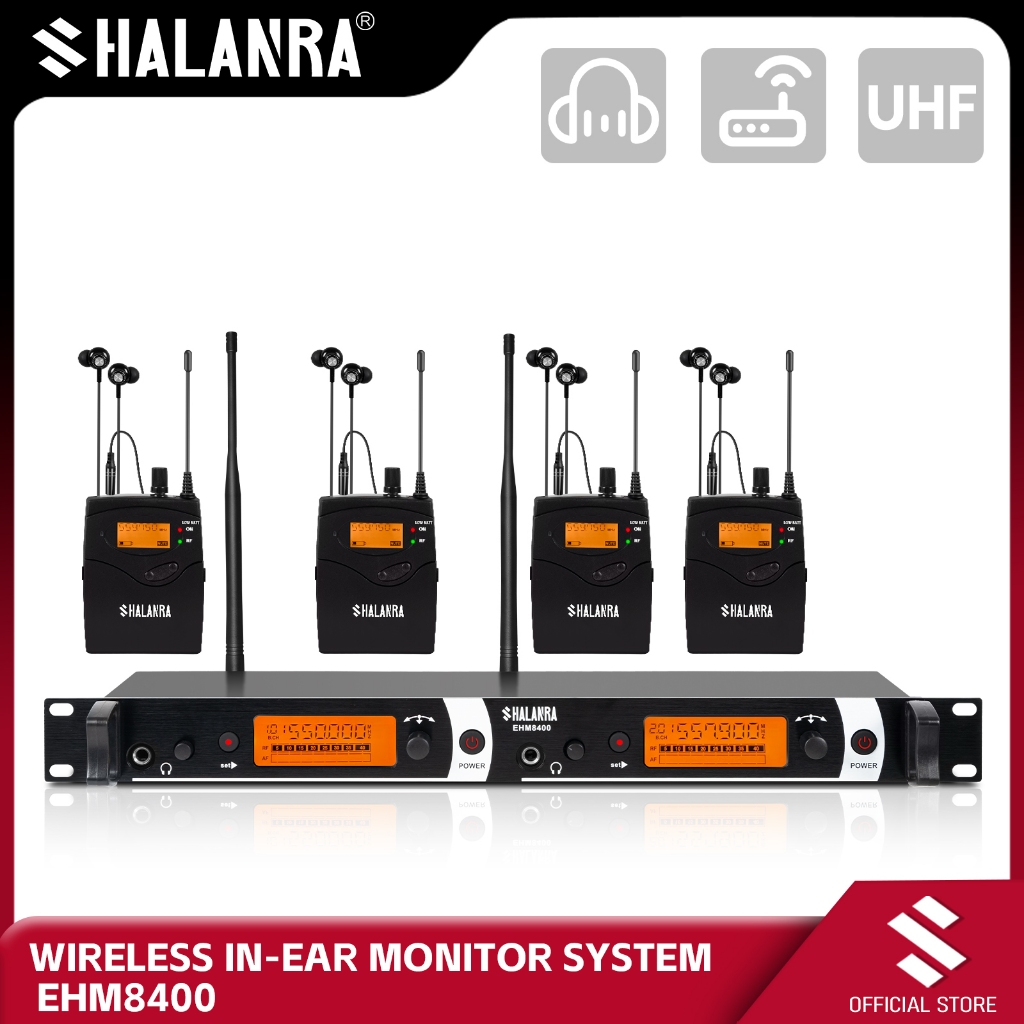 SHALANRA EHM8400 ระบบตรวจสอบชนิดใส่ในหูไร้สาย UHF เครื่องส่งสัญญาณ 2 ช่องพร้อมตัวรับสัญญาณ Bodypack 4 ตัว ใช้งานมืออาชีพสําหรับ DJ Performance Concert Stage LIVE แสดง