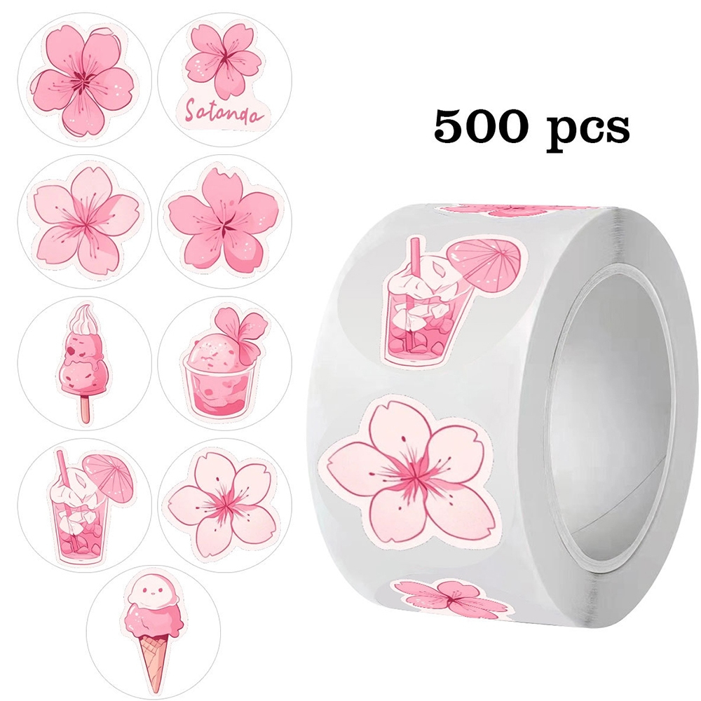 500ชิ้น/ม้วนดอกไม้สีชมพูสติกเกอร์พรรคของขวัญสติ๊กเกอร์ตกแต่งสําหรับ ทําเอง ไดอารี่สมุดดอกเชอร์รี่เครื่องเขียนสติกเกอ
