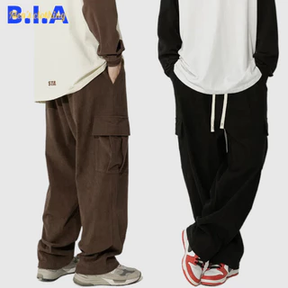 ✨BIA✨ สไตล์ลำลอง Corduroy Pants สไตล์เกาหลี กางเกงคาร์โก้ มีหลายกระเป๋า เอวยืด รุ่น สีน้ําตาล ทรงหลวม เหมาะสำหรับทุกฤดูกาล สีดำ กางเกงผู้ชาย เนื้อผ้าดี ขนาดใหญ่ M-3XL