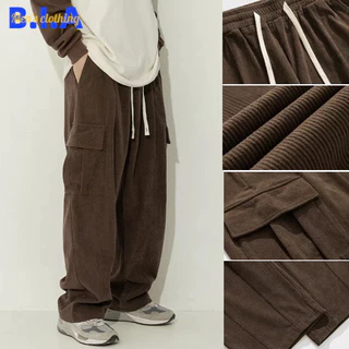 ✨BIA✨ สไตล์ลำลอง Corduroy Pants สไตล์เกาหลี กางเกงคาร์โก้ มีหลายกระเป๋า เอวยืด รุ่น สีน้ําตาล ทรงหลวม เหมาะสำหรับทุกฤดูกาล สีดำ กางเกงผู้ชาย เนื้อผ้าดี ขนาดใหญ่ M-3XL