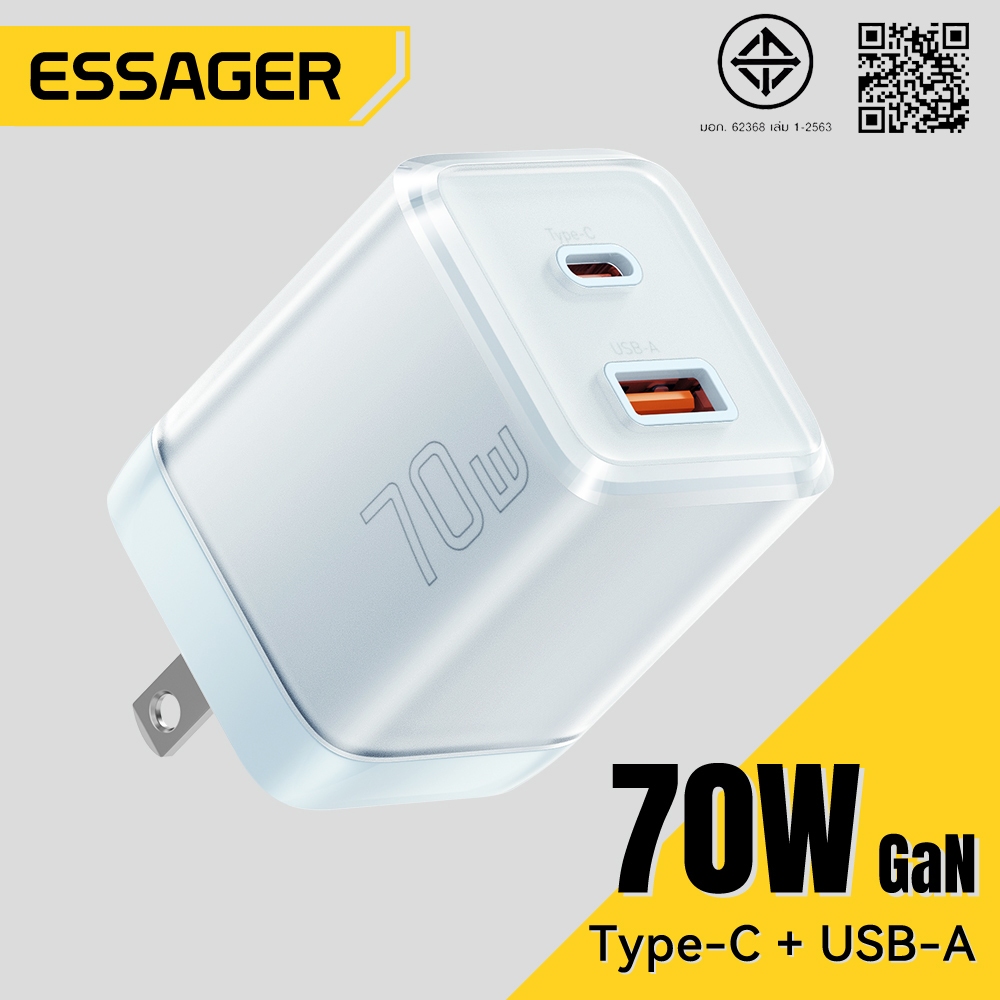 Essager 70W Gan Usb + Type C Two-port Fast Charger อัจฉริยะอุณหภูมิต่ํารองรับ PD QC 3.0 สําหรับ Xiaomi lp โทรศัพท์