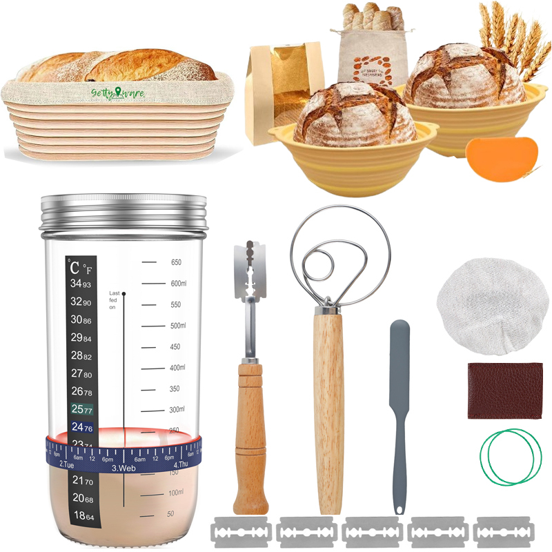 9 ชิ้น Sourdough Starter Jar ชุดขนาด 730ml ทนความร้อน Sourdough Starter คอนเทนเนอร์พร้อมฝาปิดสําหรับ Baking Jar ชุดขวดโหลแก้วสตาร์ทเตอร์ โหลแก้วหมักแป้ง
