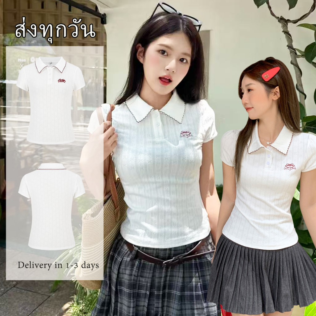 Sunny Beach เสื้อโปโล เสื้อยืดคอโปโลผู้หญิง เสื้อแขนสั้น ผ้าคุณภาพสูง สีทึบ สไตล์เกาหลี การจัดส่งจากประเทศไทย