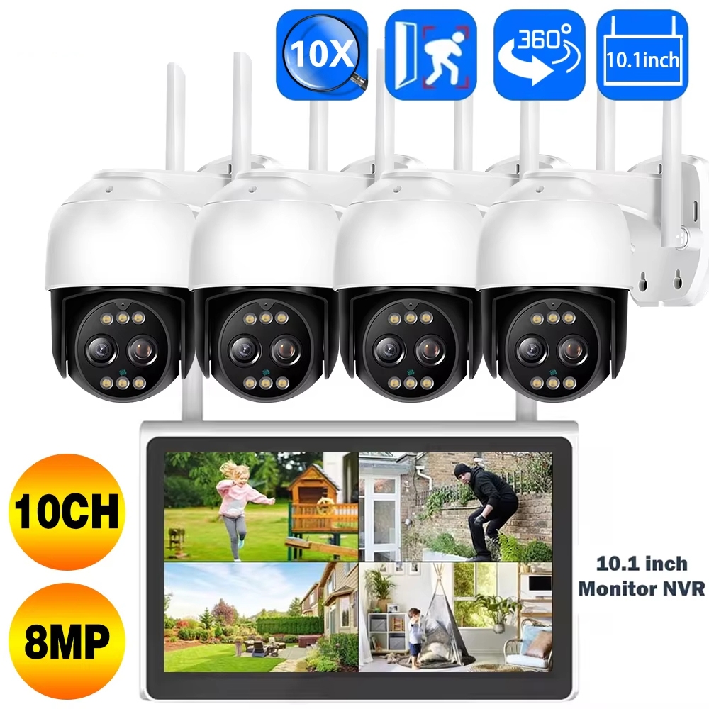 4K 8MP ชุดเฝ้าระวังไร้สาย 10x ซูมออปติคอลกล้องกันน้ํากลางแจ้ง 10 "จอแสดงผล NVR ระบบบันทึก AI Human D