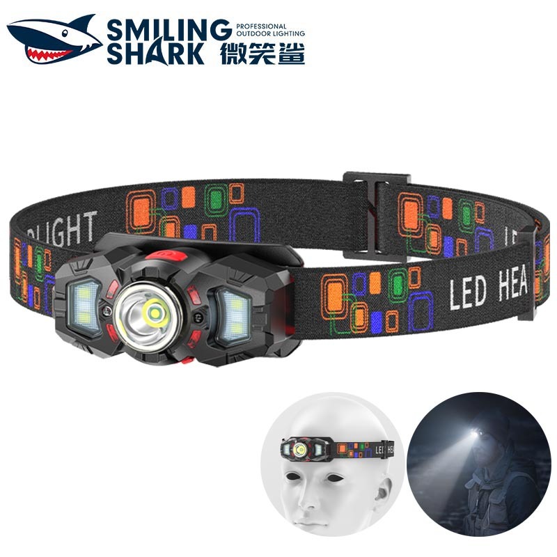 SmilingShark TD0178 ไฟฉายคาดหัว LED ไฟหน้าเซนเซอร์ สีขาวสีแดง ไฟฉายคาดหัว Type-C ชาร์จใหม่ได้ 6 โหมดกันน้ำสำหรับตั้งแคมป์กลางแจ้งเดินป่าวิ่งตกปลา