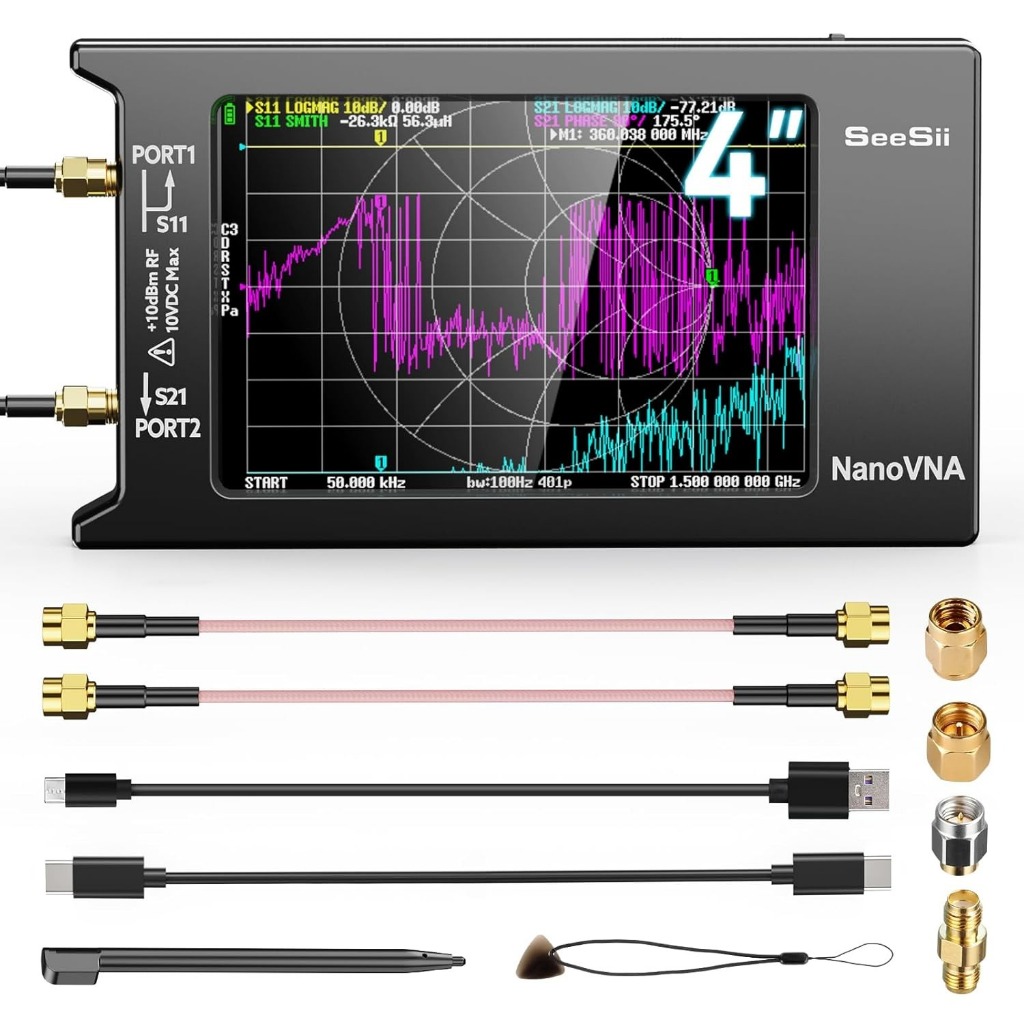 SEESII เครื่องวิเคราะห์เครือข่าย Vector NanoVNA-H4 ที่อัปเกรดแล้ว | V4.3, 10KHz-1.5GHz | หน้าจอสัมผัส 4" | HF/VHF/UHF | วัด S Parameters/VSWR/Phase/Delay | แผนภูมิ สมิธ