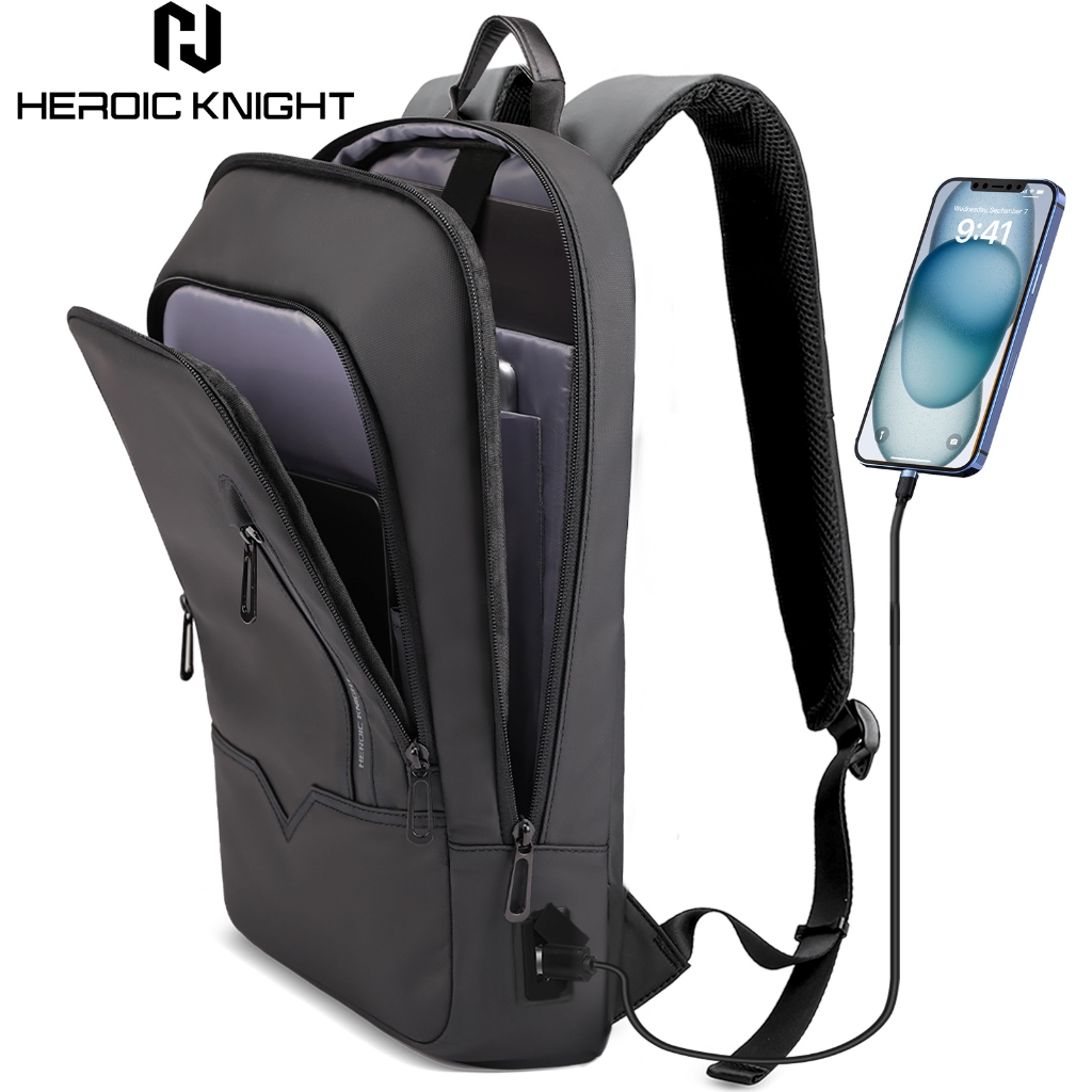 HEROIC KNIGHT กระเป๋าเป้สะพายหลังป้องกันการโจรกรรมน้ําหนักเบากันน้ําพร้อมเครื่องชาร์จ USB (15.6")