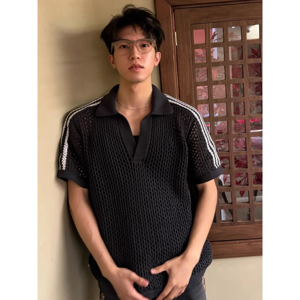 Chunjiamian  เสื้อยืดลําลอง Edison Chen แขนสั้นสําหรับผู้ชายที่มีรูสามบาร์เดียวกัน