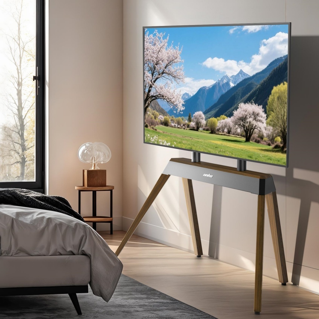 UNHO Mid-century TV Floor Stand สําหรับ 40-86 หน้าจอทีวีปรับความสูงจอแสดงผลทีวีพร้อมฐาน Trapezoidal-frame