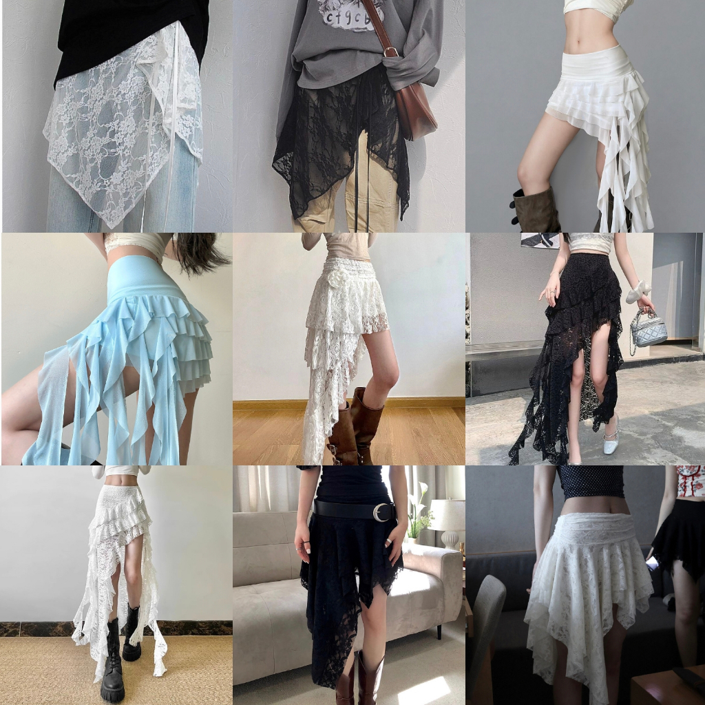 ❣️[Staking Doctrine] 78 Niche Design กระโปรงลูกไม้ไม่สม่ําเสมอกระโปรงลําลอง All-Match กระโปรงสั้นก้นผ้าม่านซ้อนสวมใส่ด้านนอก Y2K สาวสวมใส่