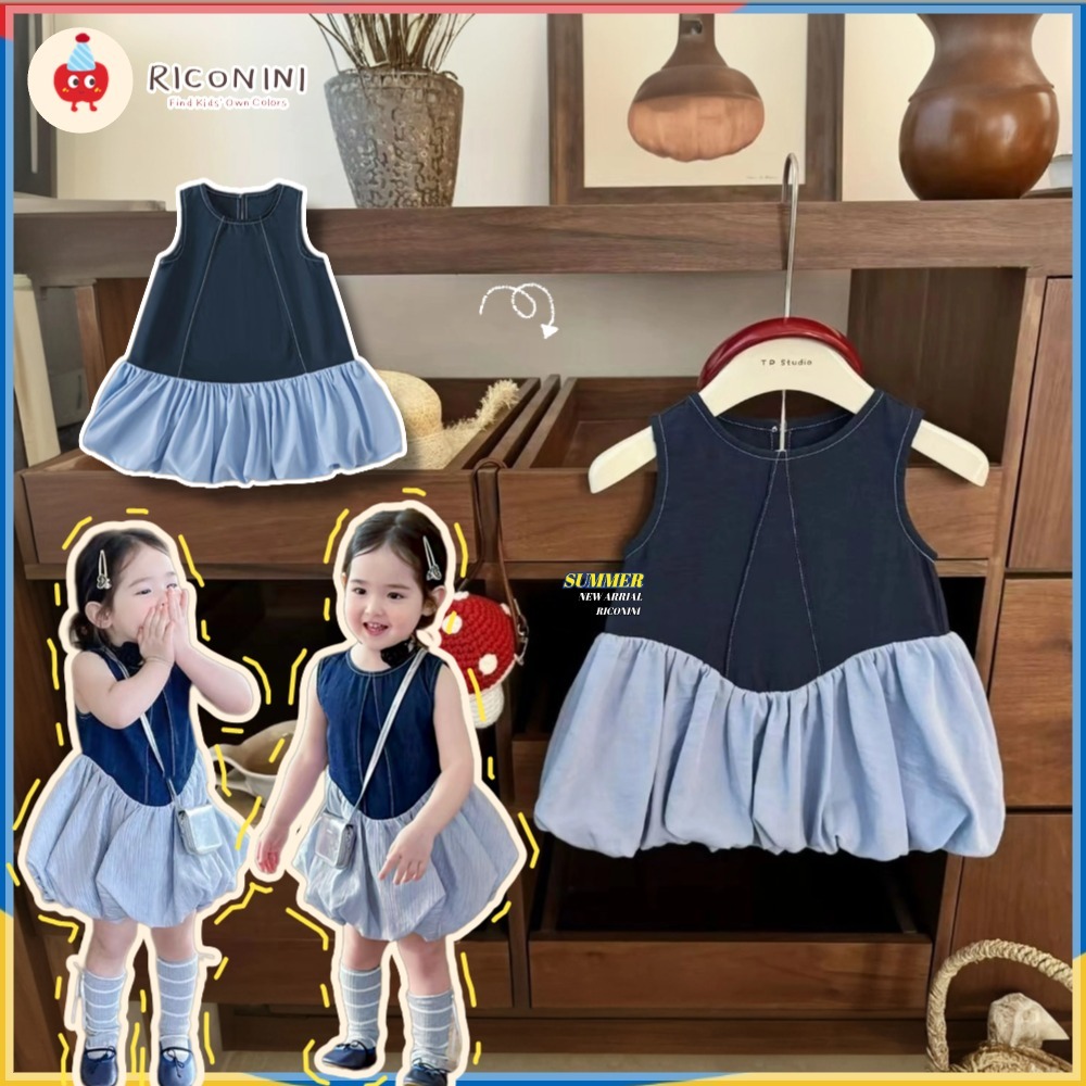 RICONINIToddler Girl Blue Dress - Korean High-end Arc Tailored Cute Bubble Hem Baby Girl Cute Princess Gown kids Dress