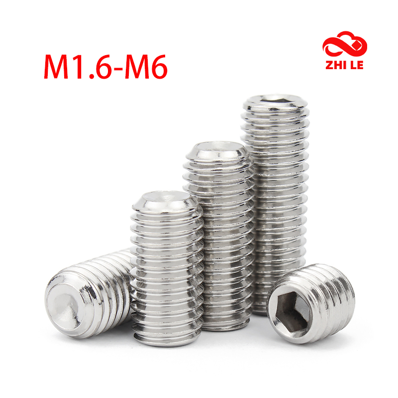 M1.6-M6 Hex ซ็อกเก็ต Grub สกรูเว้า 304 สแตนเลส Allen หัวหกเหลี่ยมแบน Point End Bolt Headless ชุดสกรู DIN916 M2 M2.5 M3 M4 M5
