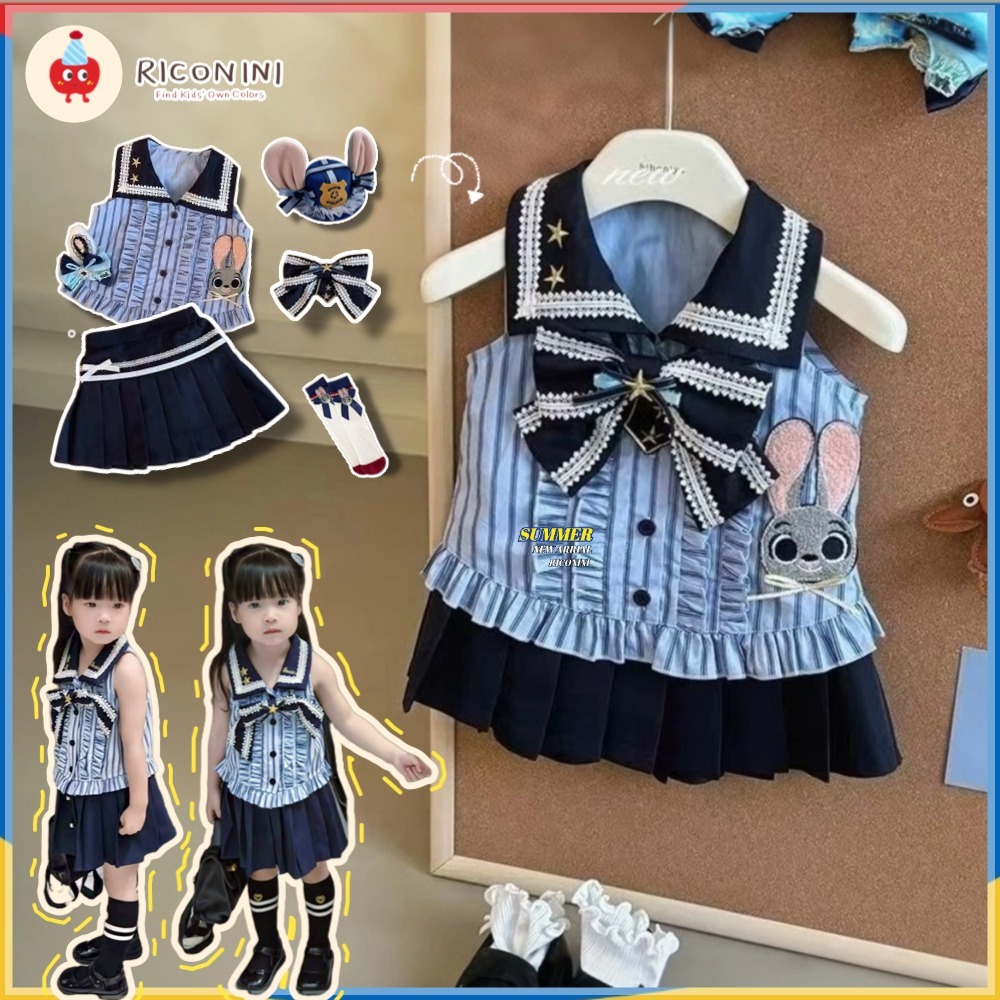 RICONINIGirls ฤดูร้อนเด็กชุดใหม่ชุดนักเรียนเสื้อ + กระโปรงจีบ 2 ชิ้นกระต่ายวัยหัดเดินเด็กทารกเด็กแฟชั่นเสื้อผ้าชุด