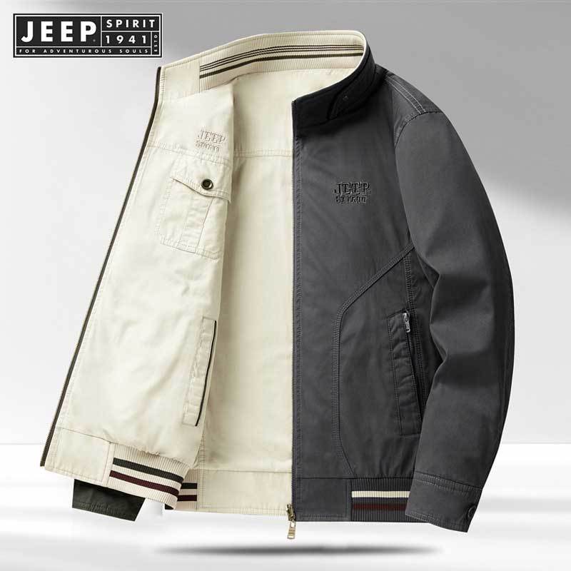 แจ็คเก็ตผ้าฝ้ายแท้สำหรับผู้ชาย ออกแบบสองด้าน สไตล์ JEEP SPIRIT 1941 ESTD เหมาะสมใส่ในฤดูใบไม้ผลิและฤดูใบไม้ร่วง