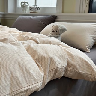 ใหม่ผ้าฝ้ายนุ่มล้างลายตารางผสมสีชุดสี่ชิ้น