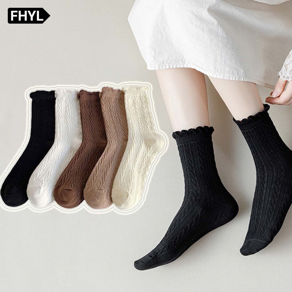 FHYL ถุงเท้าลูกไม้น่ารัก Jk สีพื้น สีดํา สีขาว สไตล์ญี่ปุ่น สําหรับผู้หญิง