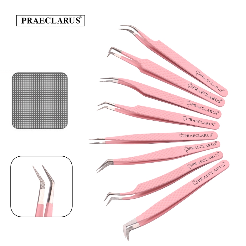 PRAECLARUS แหนบสแตนเลสสีชมพู Fibrous Design & Diamond Grip รูปแบบบน Tip Precision ป้องกันการกัดกร่อนป้องกันกรด Professional สําหรับ Eyelash Extension Tweezer Applicator ถึง