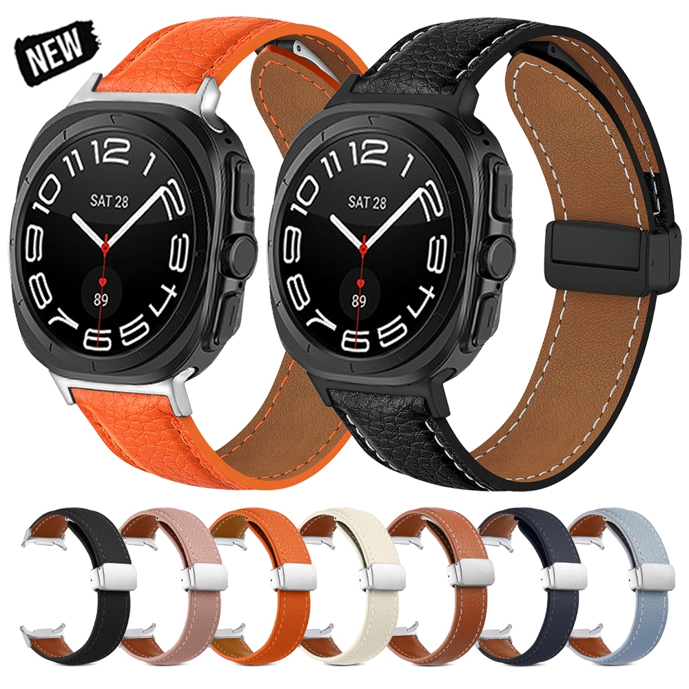 No Gaps สายหนังสําหรับ Samsunang Galaxy Watch 4/5/6/7/FE/8 40 มม.44 มม.8 คลาสสิก 46 มม. Ultra 2025 47 มม.Quick Fit สายรัดแม่เหล็กสีขาว D-Buckle Band