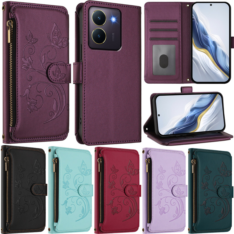 ซิปปลอกสําหรับ Vivo Y02S Y16 Y56 Y35 Y22 Y22S Y77 Y75 Y02 4G Y20 Y12S Y11S Y52 Y72 Y78 V27E V29 Lite ดอกไม้รูปแบบกระเป๋าสตางค์หนัง PU ช่องใส่การ์ดหนังกรณี
