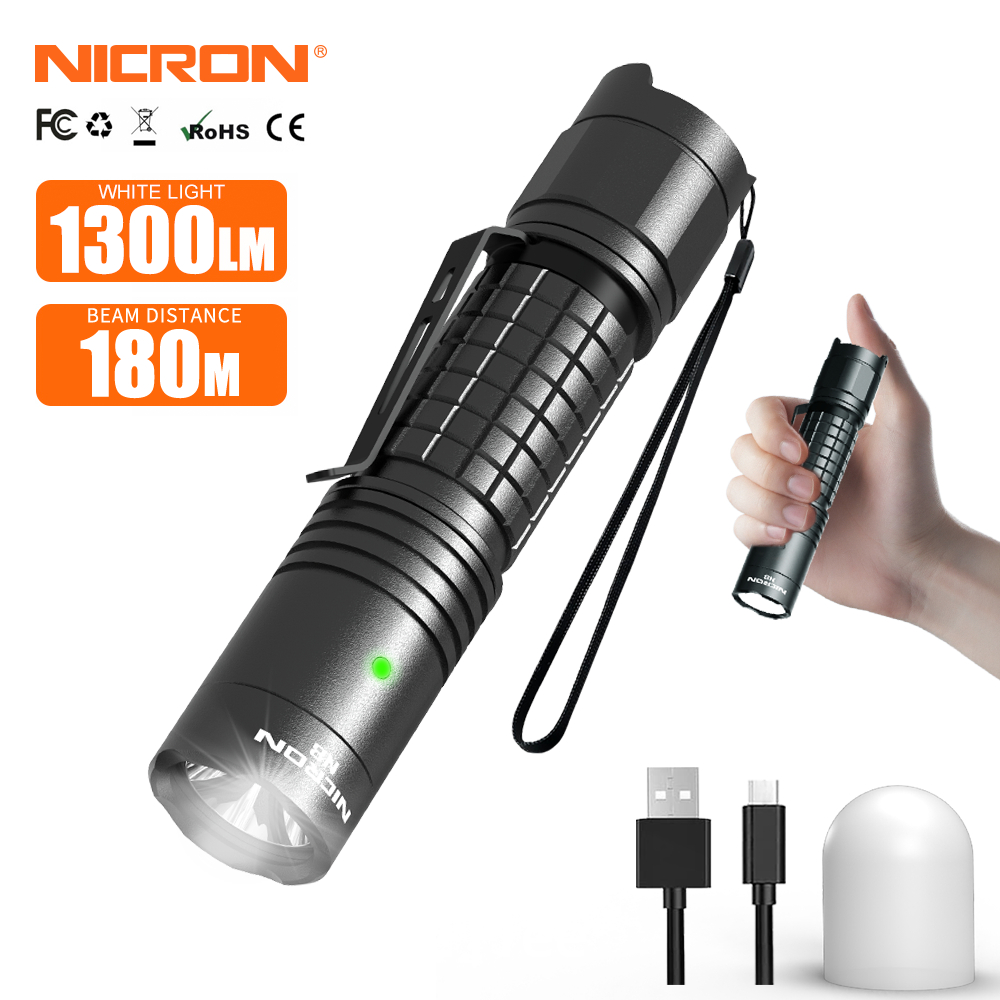 Nicron ไฟฉาย N8 ความสว่างสูง 1300Lumen LED Type-C ไฟฉายแฮนด์ฟรีไฟฉาย LED กันน้ําสําหรับครัวเรือนกลาง