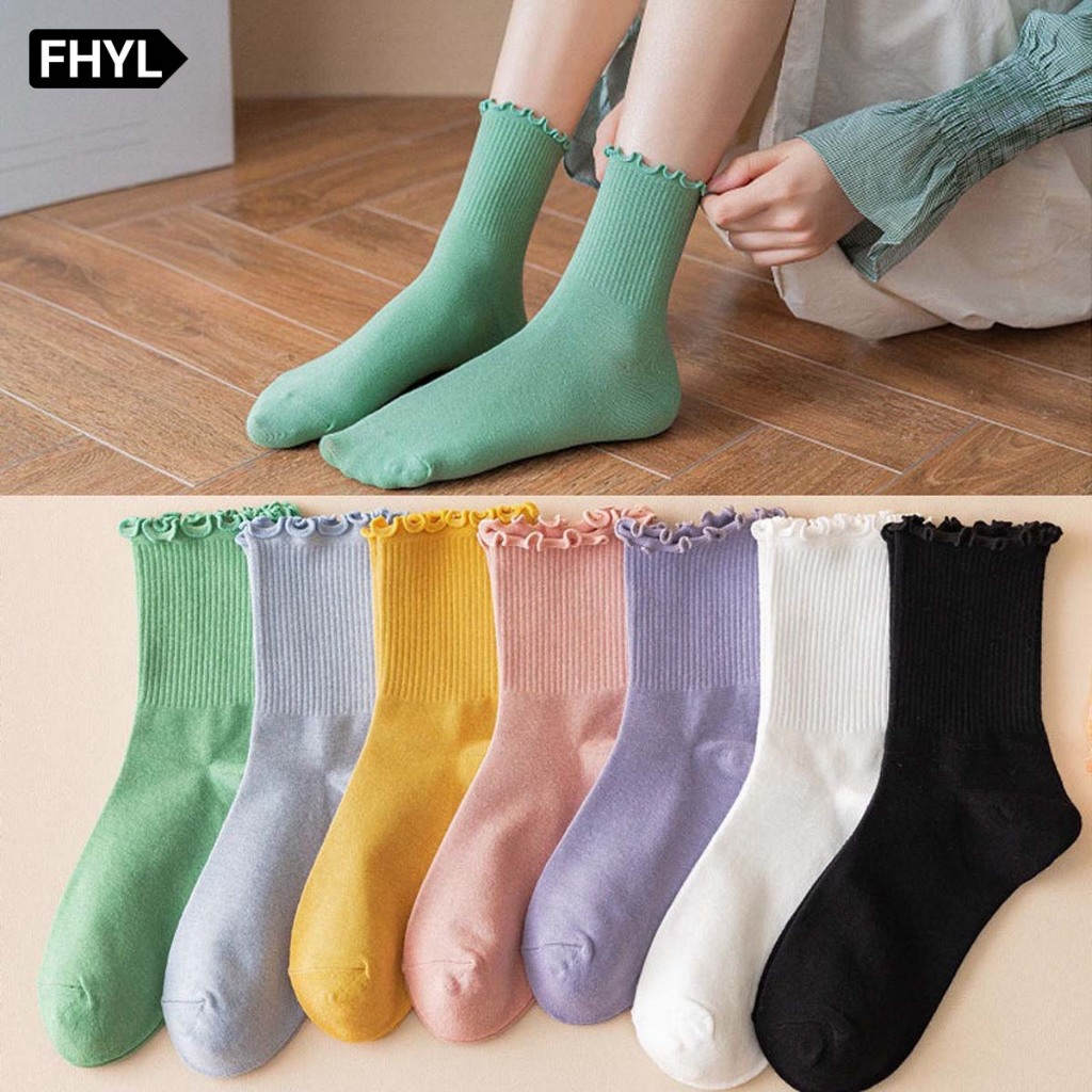FHYL ถุงเท้า ผ้าฝ้าย สีครีม สีมาการอง สําหรับผู้หญิง (1 คู่)